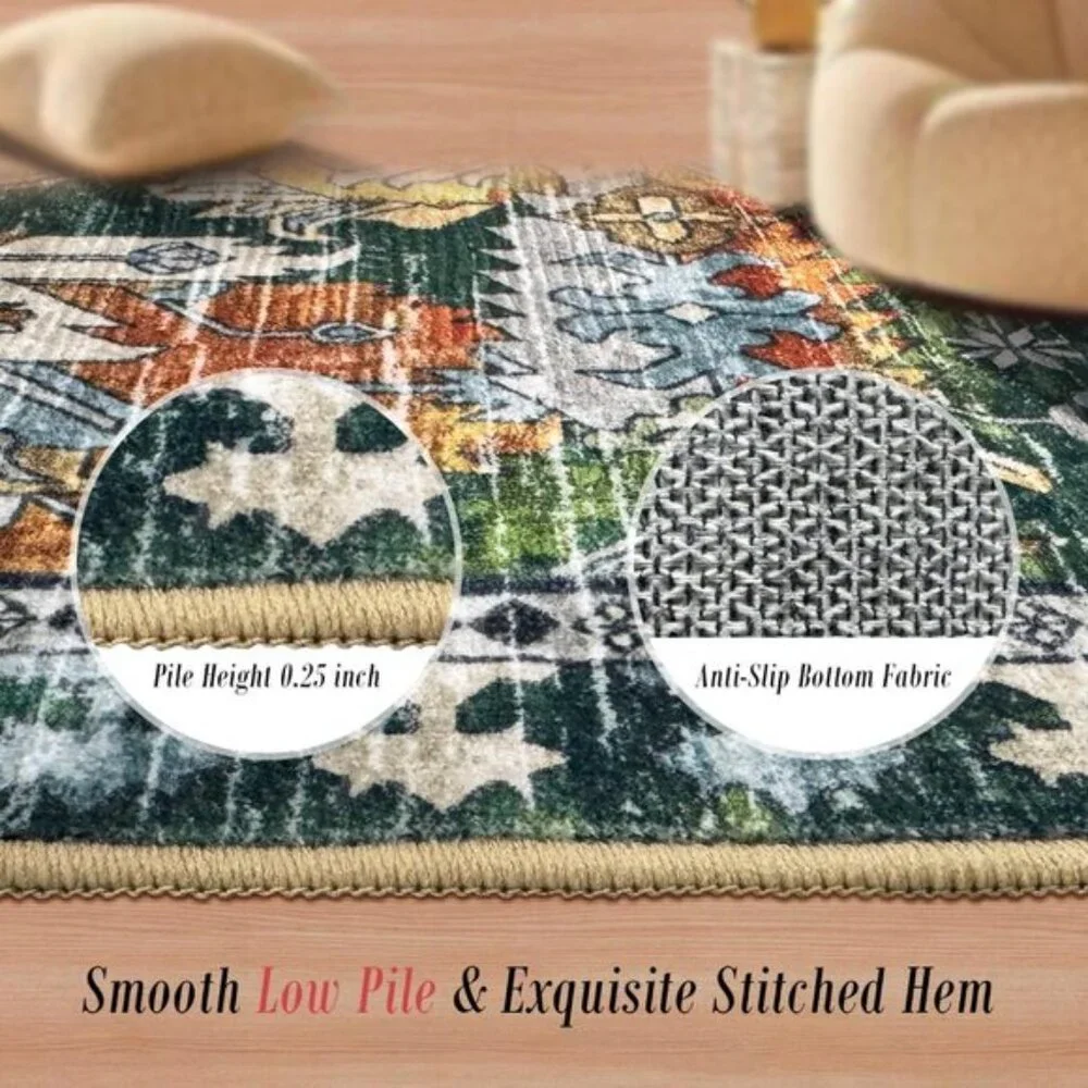 New 5x7 Green Washable Area Rug, Non-Slip Vintage Tribal Carpet for Any Room